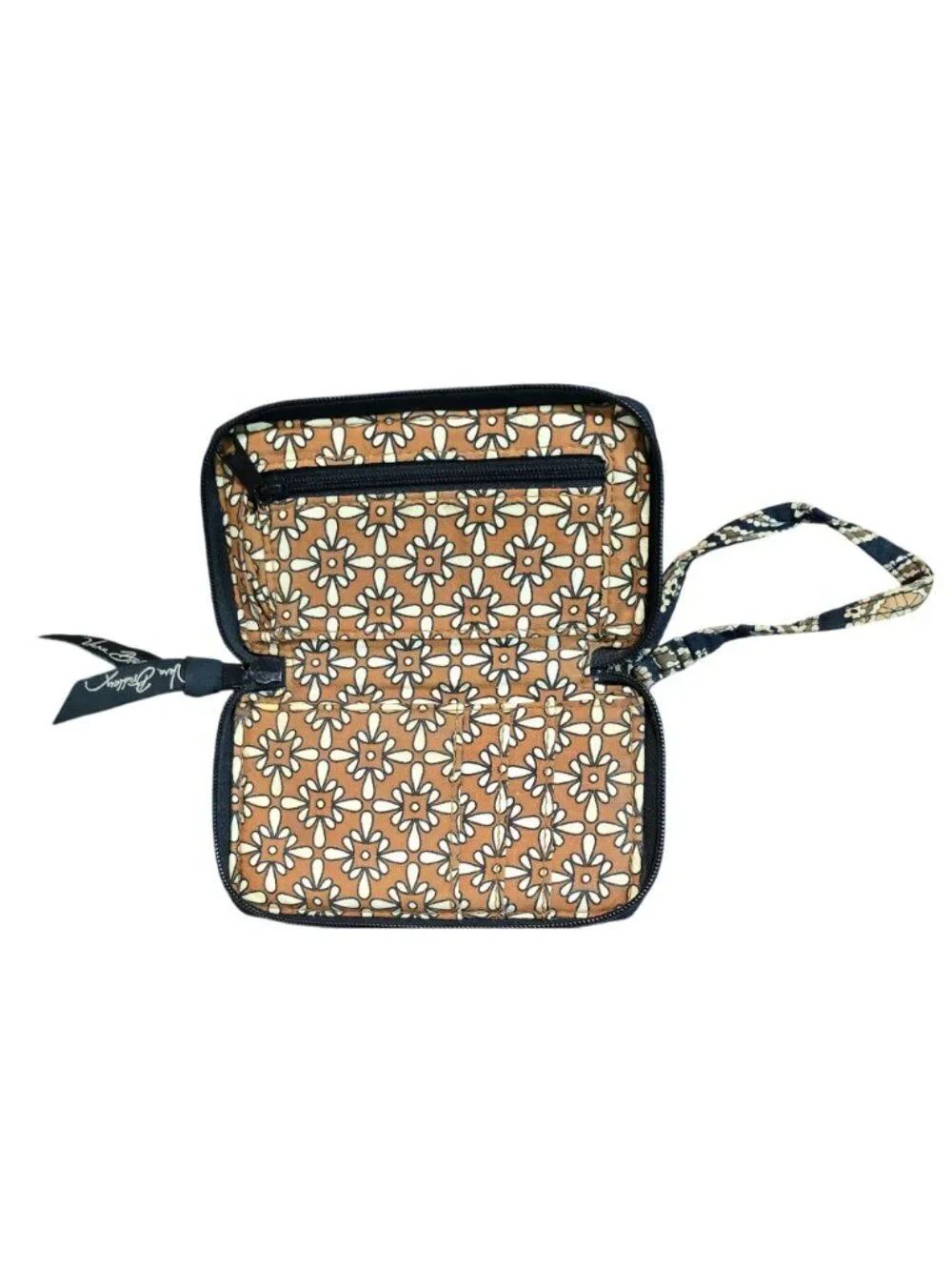 Vera Bradley Black & Beige Paisley Wristlet Wallet With ID Window & Zip Cafe Lat